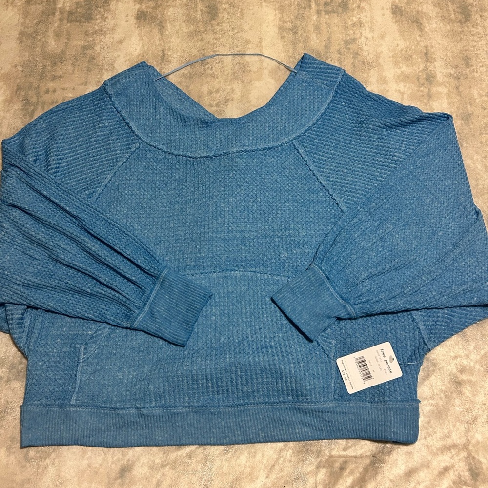Free People Textured Blue Crew Neck Sweater